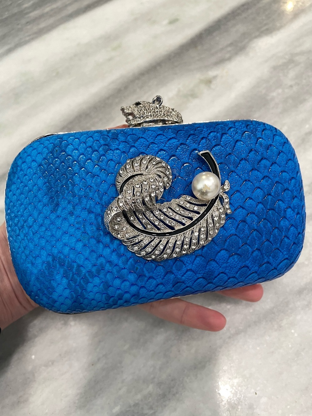 NEW Iris Lane Clutch Purse Formal Evening Party Crystal Jeweled Blue Snakeskin